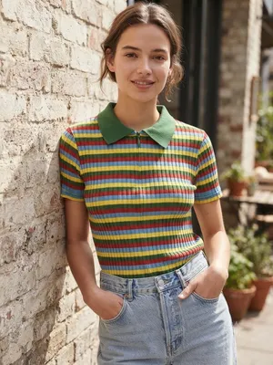 ZARA Multi-Colored Striped Ribbed Knit Polo Zip-Up Shirt Size M thumbnail 9