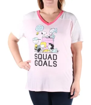 NWT Peanuts Juniors Gang V-Neck Graphic Tee Coral / Ivory / Neon Coral Pink S thumbnail 1
