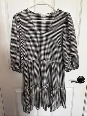 Petal & Pup Black & White Gingham V-Neck Tiered Dress w Puff Sleeves Size 6 thumbnail 2