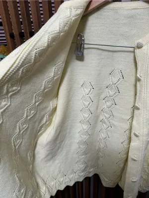 Vintage Handmade Butter Yellow Diamond Pointelle Cardigan Sweater Scalloped Hem thumbnail 5