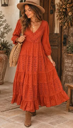 Free People Mockingbird Eyelet Tiered Maxi Dress Size XS Rust Orange Boho Chic thumbnail 1