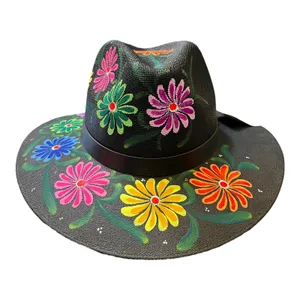 HAT MEXICAN Artisanal Hand Painted Fedora Floral Sombrero Panama Bohemian Black thumbnail 2