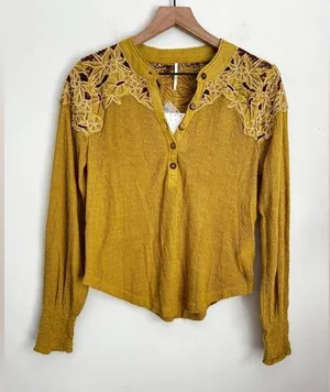 Free People Eazy Breezy Henley Lace Knit Thermal Long Sleeve Top S thumbnail 1