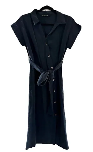 ZARA Basic Navy Blue Shirt Dress Midi Button Front Belted Womens XS thumbnail 1