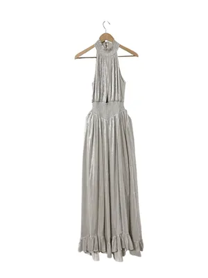 NWT RETROFETE Carly Silver High Neck Maxi Formal Gown Dress thumbnail 3