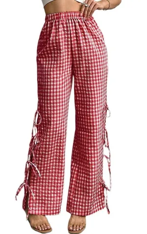 Akira gingham red and white wide leg side tie pant size small thumbnail 1