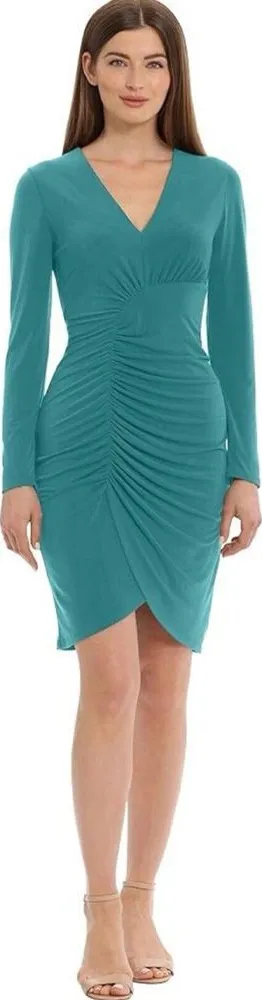 Maggy London Women's‎ Curved Seam and Shirring Detailed Dress SIZE 2 Green Blue thumbnail 1