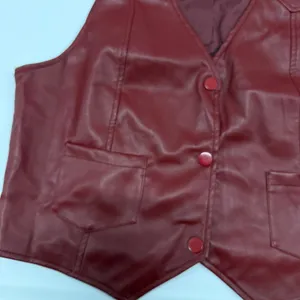 Burgundy Red Faux Leather Vest Button Front V-Neck Waistcoat with Pockets Large thumbnail 6