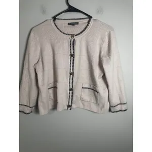 Adrianna Papell Tipped Button Front‎ Cardigan Champagne Blush Black Small thumbnail 2
