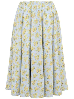 House of CB Cora Gathered Lace-Up Cotton Midi Skirt Soft Blue Vintage Floral thumbnail 4