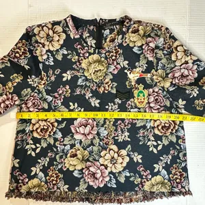 Zara Jacquard Top Women's Size‎ M Floral Tapestry Frayed Fringed Short Sleeve thumbnail 5