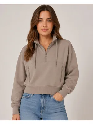 Women’s M Taupe Old Navy Active 1/4 Zip Cropped Fleece Pullover thumbnail 1