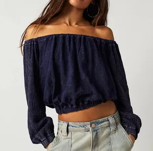 We the Free Boho Off the Shoulder Oversized Midnight Blue Blouse Top Size Small thumbnail 1