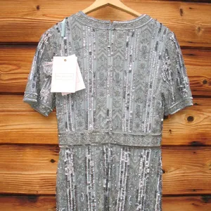 Mac Duggal 5980 Blue High Neck Short Sleeve Crystal Fringe Column Dress thumbnail 12