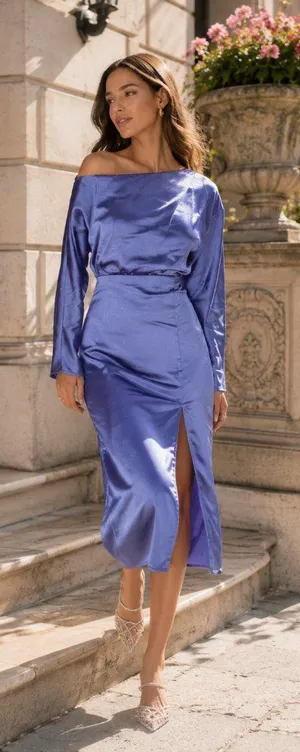 Lost + Wander Adria Purple Satin Off Shoulder Asymmetrical Midi Dress Size S NWT thumbnail 1