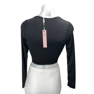 NEW Qinsen Women's Black Square Neck Long Sleeve Slim Stretch Crop Blosue Top S thumbnail 2