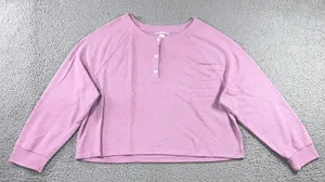 Victoria's Secret Lounge‎ Shirt Women Large Cropped Henley L/S Casual Preppy thumbnail 1