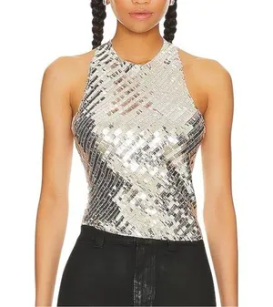 NWT Intimately Free People Disco Fever Sequin Cami Tank in Silver Combo LARGE thumbnail 1