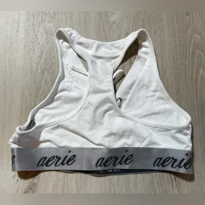 Aerie Women's White Gray Tie Front Sports Bra Size Medium Racerback Logo Band‎ thumbnail 2