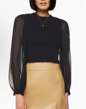 Aritzia Wilfred Tempest Blouse Black Smocked Sheer Sleeve Crop Top Size S thumbnail 1
