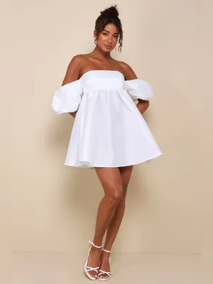 Lulus Sweet Vision White Taffeta Off-the-Shoulder Babydoll Mini Dress Medium thumbnail 3