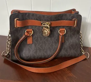Michael Kors Hamilton Satchel Brown Monogram Canvas Tan Leather Gold Padlock Bag thumbnail 1
