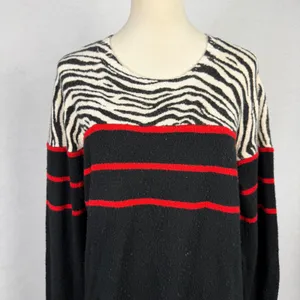 Sweater Womens XL Zebra Stripe Knit Pullover Black Red Cozy Animal Print Casual thumbnail 2