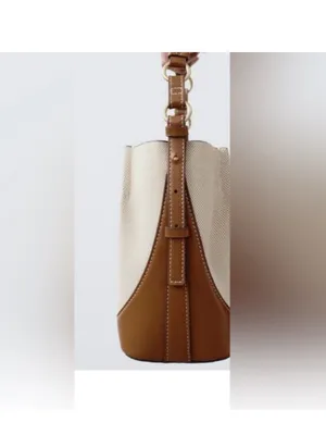 Zara NWT cream & brown Canvas & Leather Shoulder bucket Bag thumbnail 4