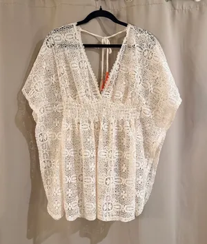 Xhilaration Cream Crochet Lace V-Neck Coverup thumbnail 1