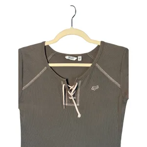 Fox Racing Womens Top L Olive Green Lace Up Ribbed Contrast Stitch Y2K Gorpcore thumbnail 5