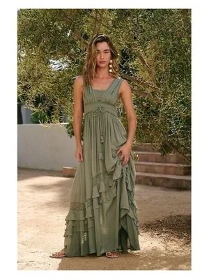 NWT Free People Santa Maria Maxi in Olive Green Crochet Lace Trim Dress XS thumbnail 2