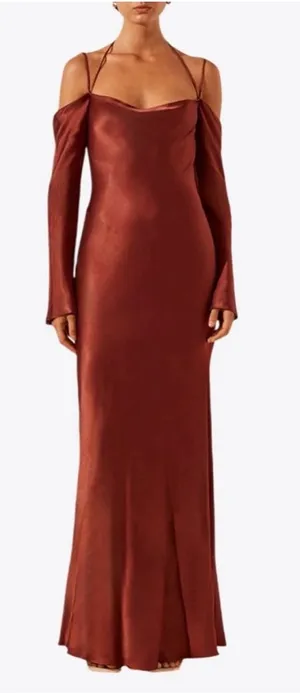 Shona Joy Lino Off Shoulder Tie Maxi‎ Dress Mahogany thumbnail 1
