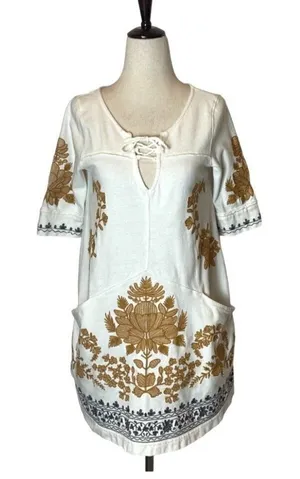 Free People Talia White Floral Embroidered Lace Up Cut Out‎ Back Tunic Top XS thumbnail 1