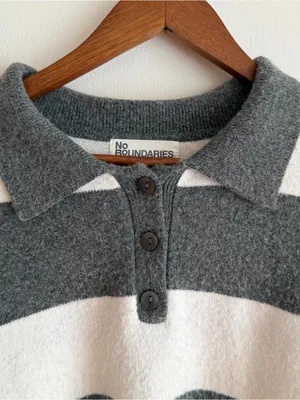 No Boundaries Striped Knit Polo Sweater Henley Grey White XL 16-18 Preppy thumbnail 2