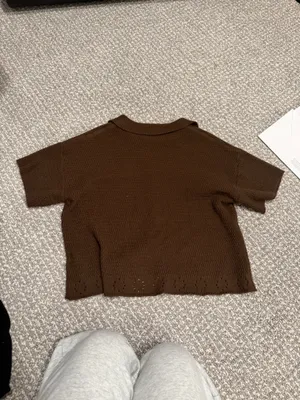 Boutique brown knit button up short sleeve shirt thumbnail 4