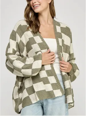 Olive Checkered Oversized Cardigan Green thumbnail 1