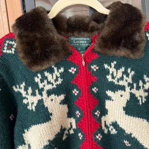 Vintage Ralph Lauren Hand Knit Wool Fur Collar Reindeer Christmas Sweater zipup thumbnail 6