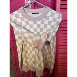 Tahari Pink Cream Checkered Crew Neck Long Sleeve Knit Sweater Pullover RN93178 thumbnail 5