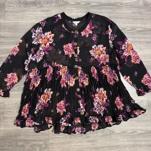 Cottagecore Womens Tunic‎ 2X Black Floral Sheer Mesh Babydoll Button Front Top thumbnail 11