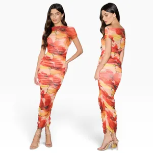 Lulus Sunama Orange Floral Mesh Ruched Bodycon Midi Dress size L NWT thumbnail 2