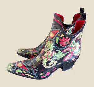 Corkys Womens 10 Black Floral Paisley Rubber Rain Boots Western Ankle Country thumbnail 1