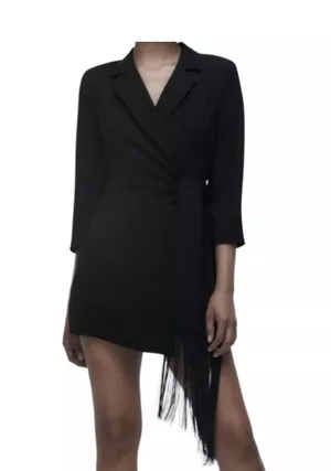 Zara blazer dress with fringes tied wrapped mini tailored black thumbnail 7