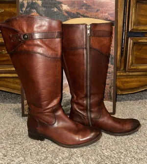 FRYE Molly Button Tall Brown Leather Riding Boots thumbnail 1