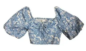 Japna Blue‎ White Floral Smocked Square Neck Crop Top Puff Sleeve Tie Front Sz M thumbnail 1
