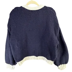 Edikted Contrast Chunky Knit Cardigan Womens XS/S Navy Ivory Oversized Cozy thumbnail 6
