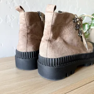 Chase‎ + Chloe | Chelsey Lace-Up Faux Suede Ankle Boot in Tan/Black thumbnail 4