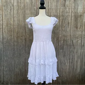 LEANI White Ruffle Smocked Babydoll Lined Tiered Mini Dress Size L thumbnail 10