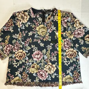 Zara Jacquard Top Women's Size‎ M Floral Tapestry Frayed Fringed Short Sleeve thumbnail 4