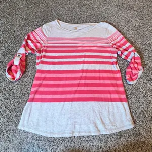 Carhartt‎ Womens Pink Striped Roll Tab Long Sleeve Shirt Size L 12-14 Casual Top thumbnail 1