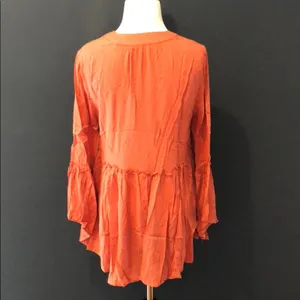 Coral Boho Crochet Lace Up V Neck Bell Sleeve Babydoll Hi Low Top Blouse Size S thumbnail 5
